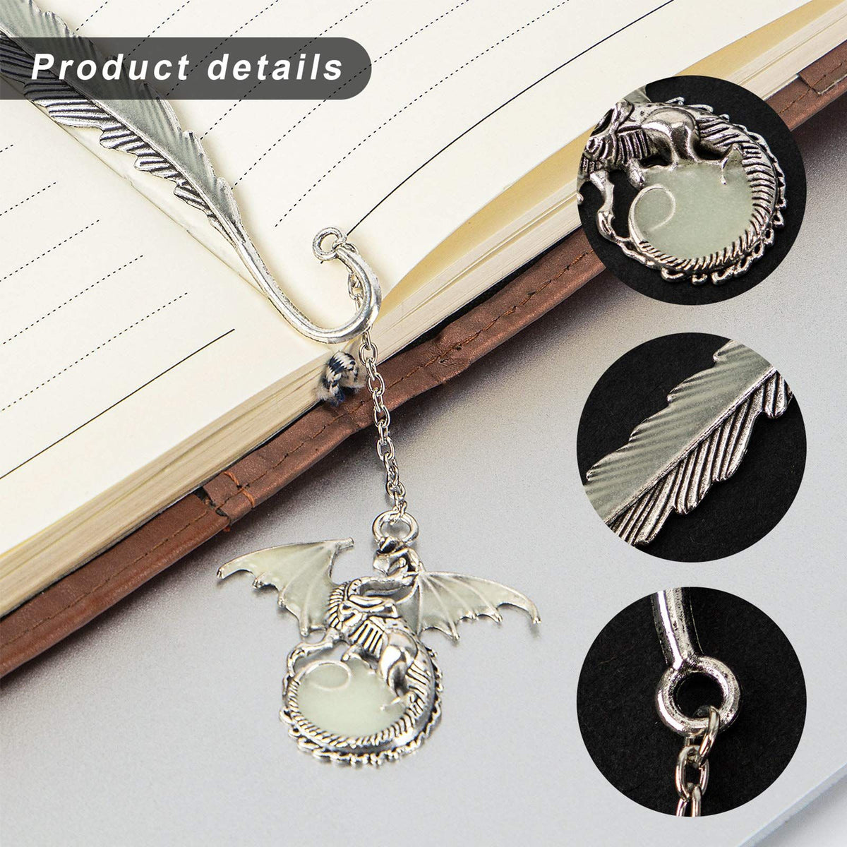 Bookmark | Dragon Bookmark | Glow in the Dark | Feather Bookmark | Metal Silver