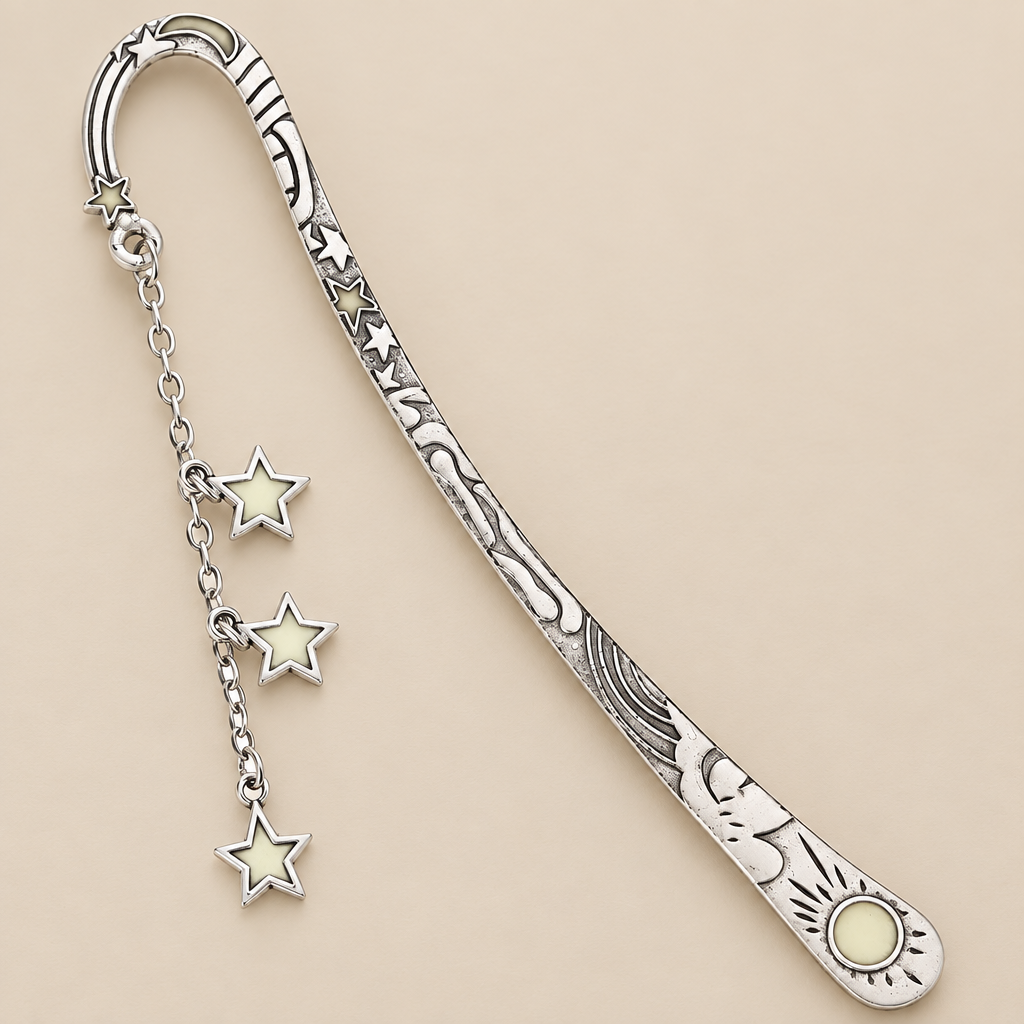 An ornate silver metal bookmark with engraved celestial patterns, featuring a curved hook, a decorative chain with three dangling star charms, and a sun motif at the end.