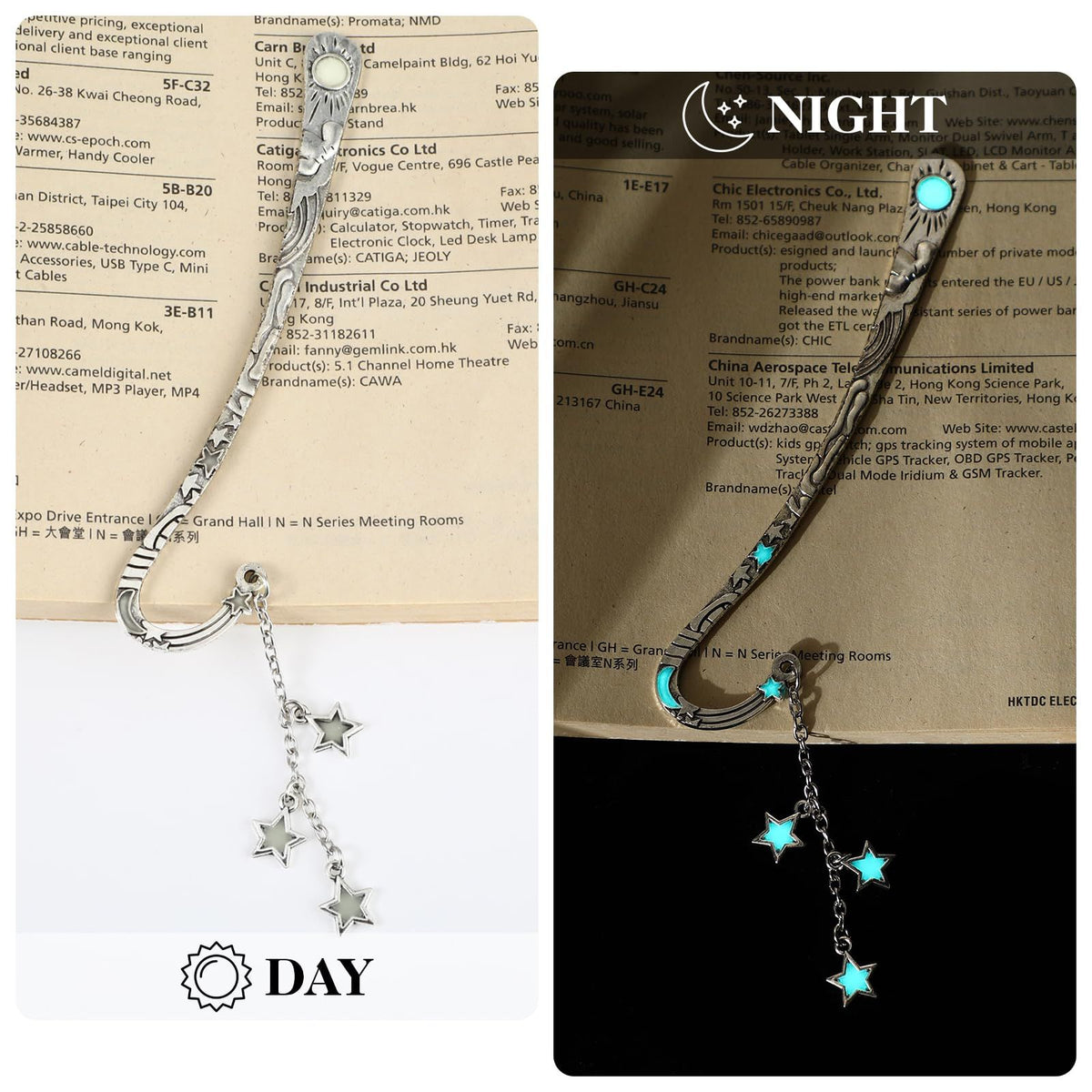 A silver-toned pendant necklace with a clear faceted gemstone and dangling star charms, shown side by side under two lighting conditions labeled DAY and NIGHT. The left side shows bright daylight on a white background, and the right side shows a dark background with blue glow effects around the clear stone.