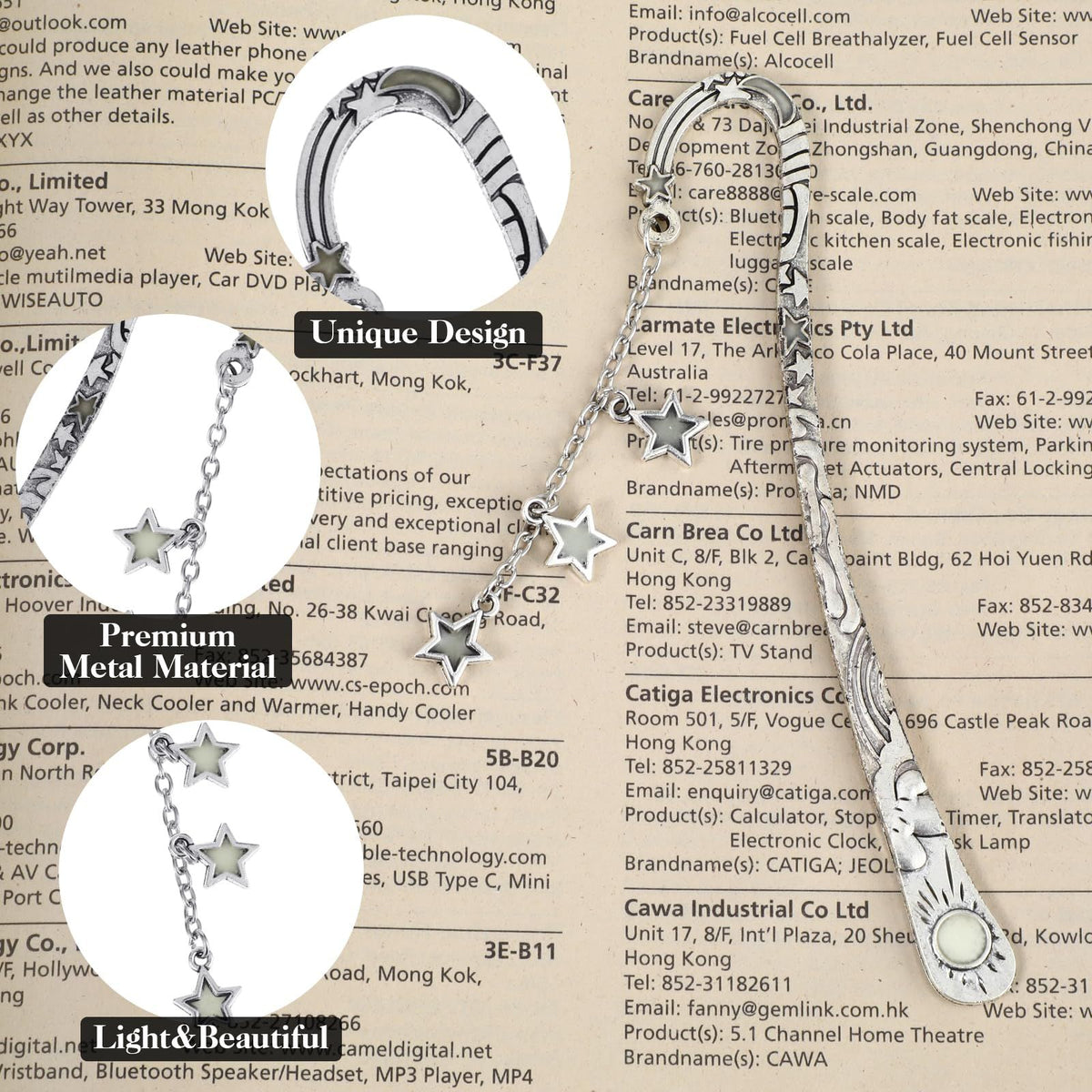 Silver-tone star-shaped pendant necklace and matching drop earrings with a heart-shaped charm, displayed on a beige printed business card background with text overlays highlighting premium metal material and light & beautiful design.