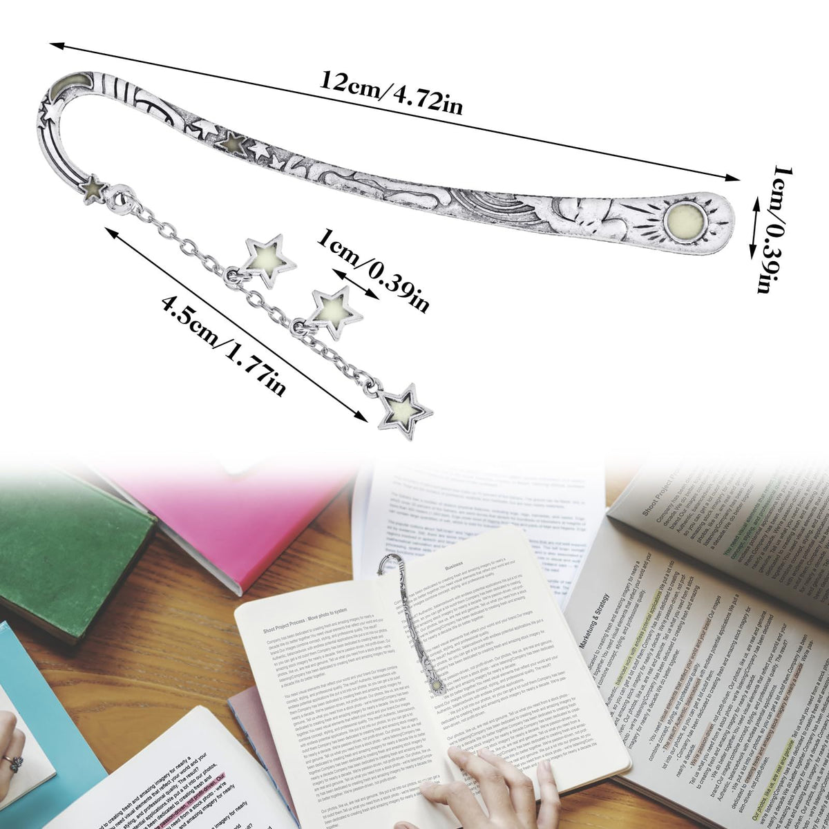 An ornate silver metal bookmark with star and scroll details, shown with overlaid dimension labels (12cm, 4.5cm, 1cm) and a lifestyle scene of hands holding open books at the bottom.