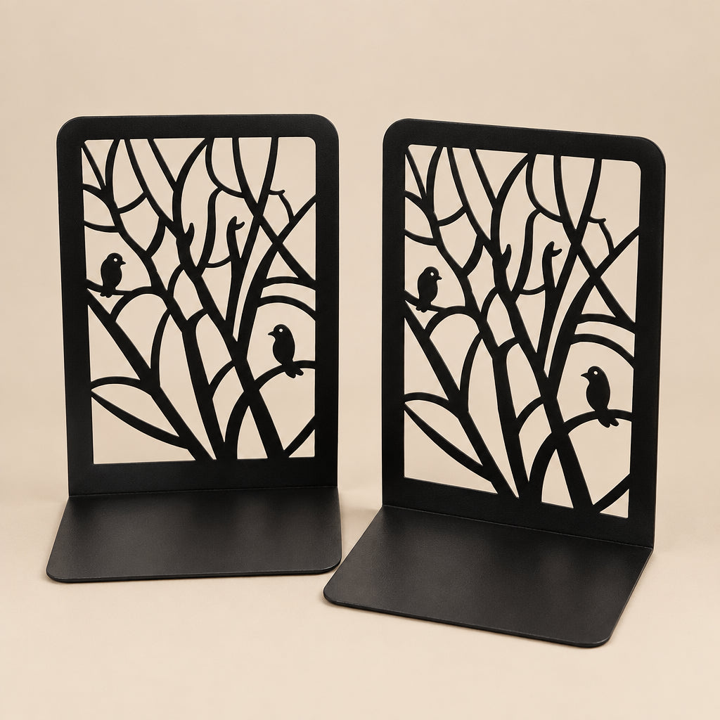 A pair of black metal bookends shaped like tree branches with silhouettes of birds perched on the branches, shown on a plain white background.