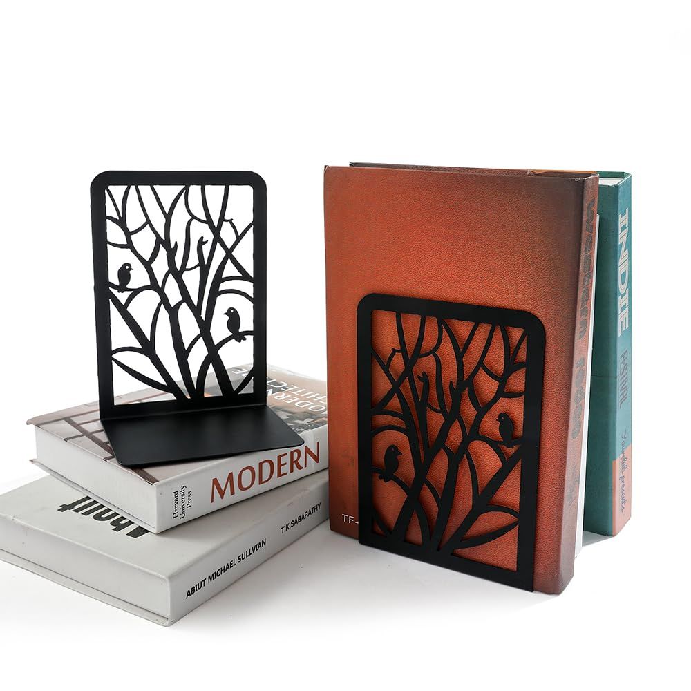 Bookend | 2 pcs Black Bird Tree Shadow Metal Bookends | Black