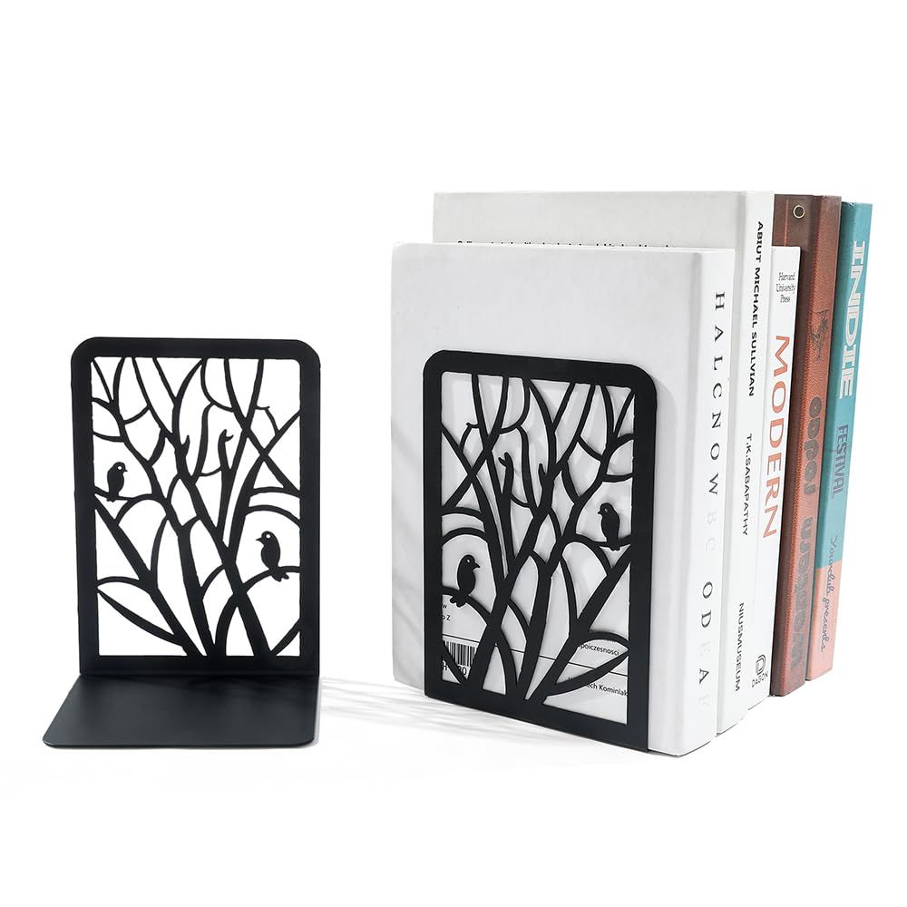 Bookend | 2 pcs Black Bird Tree Shadow Metal Bookends | Black