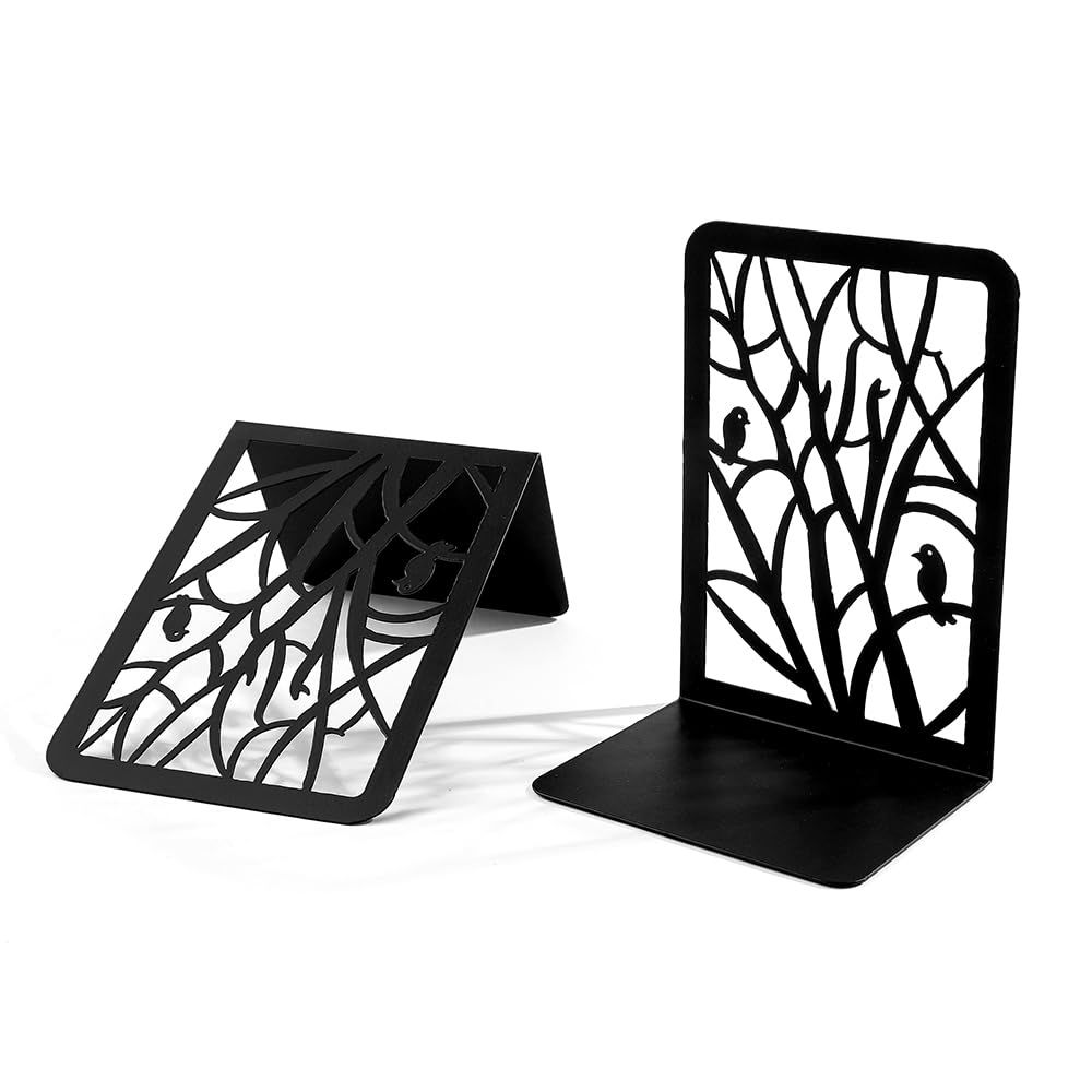 Bookend | 2 pcs Black Bird Tree Shadow Metal Bookends | Black