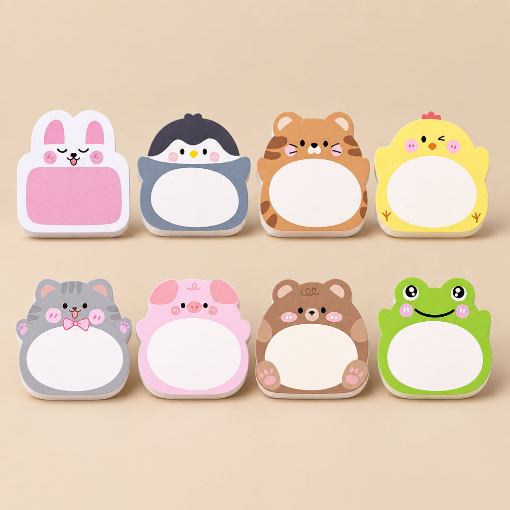 Eight cute cartoon animal-shaped face masks arranged in two rows on a white background, including bunny, penguin, kitten, chick, hamster, pig, bear, and frog designs.