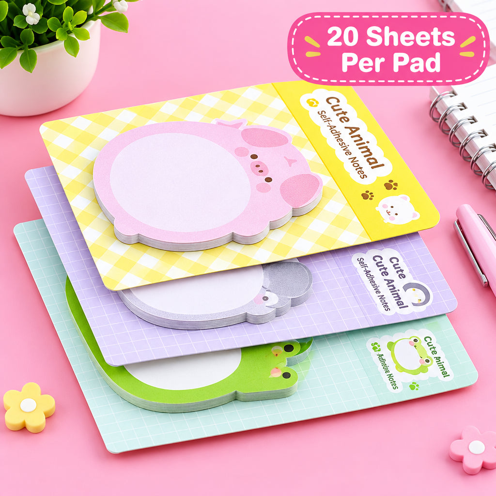 Stack of colorful paper pads with cartoon designs on a pink background