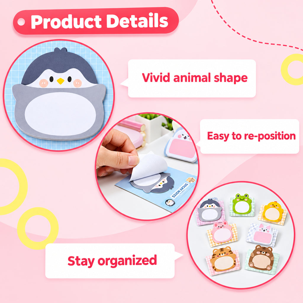 Product details of animal-shaped stickers on a pink background