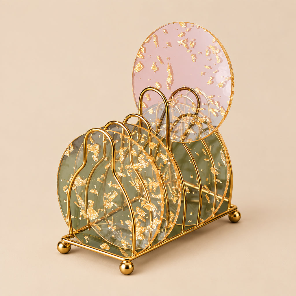 Coaster | 4 Pcs Gold Foil Transparent Acrylic Coaster with Holder | Gold and Clear