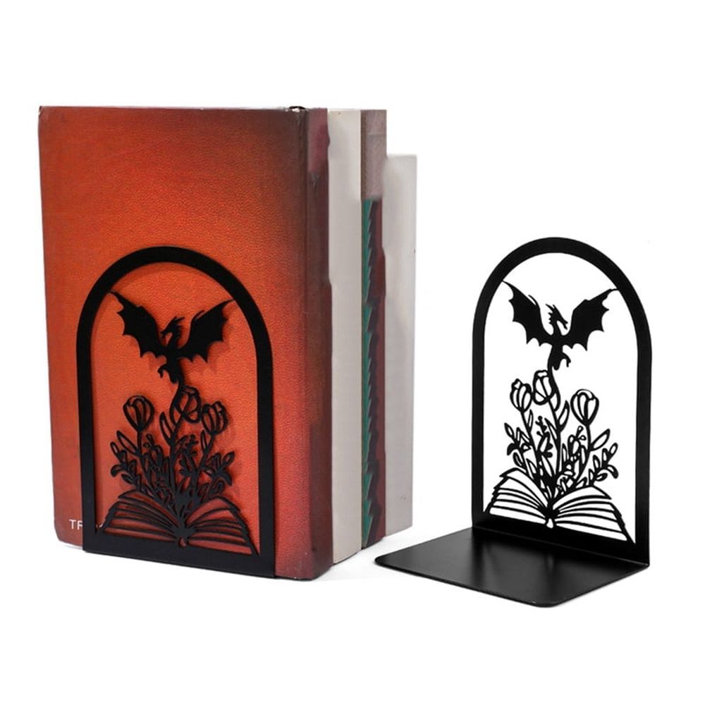 Bookend | Dragon and Rose Metal Bookends | Black