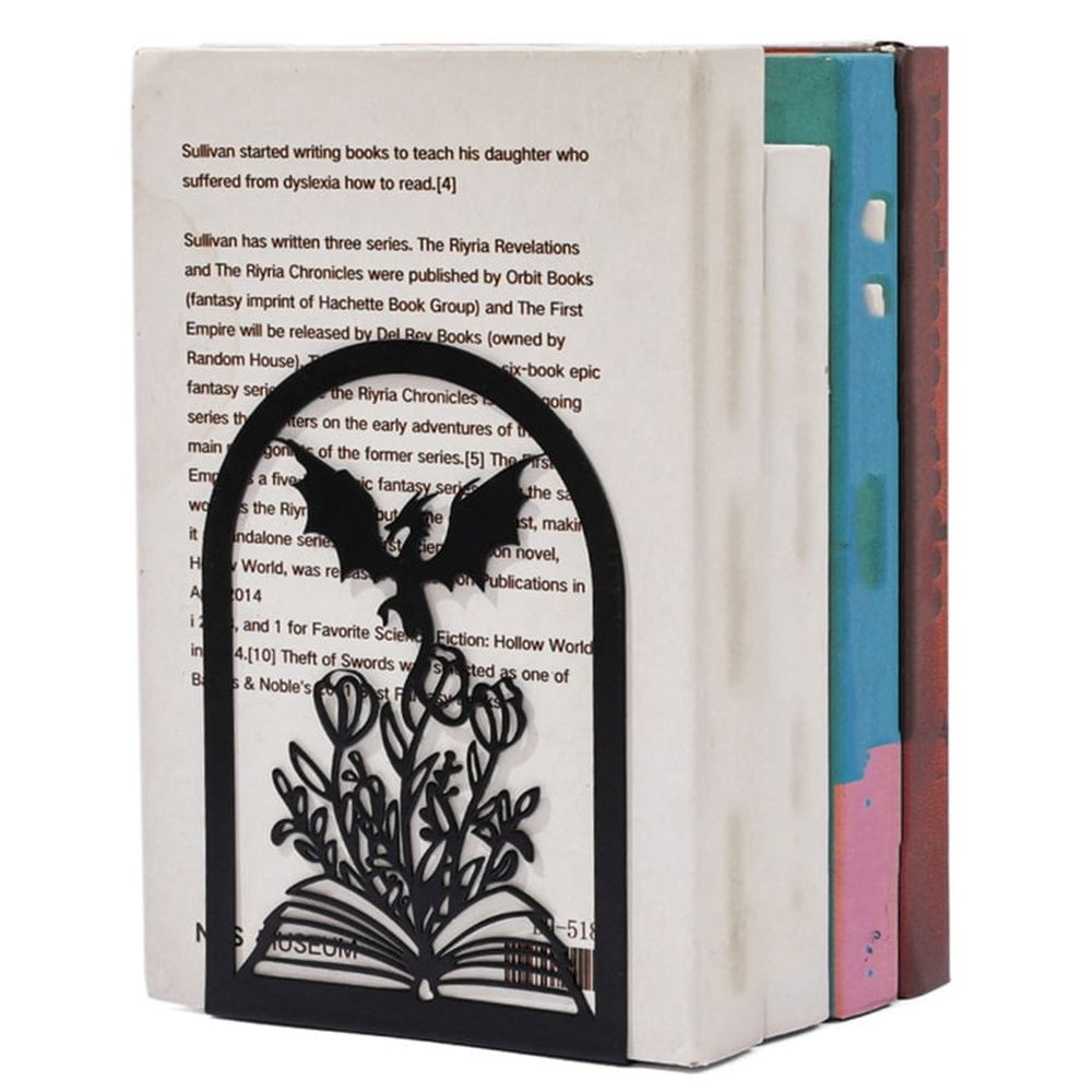 Bookend | Dragon and Rose Metal Bookends | Black
