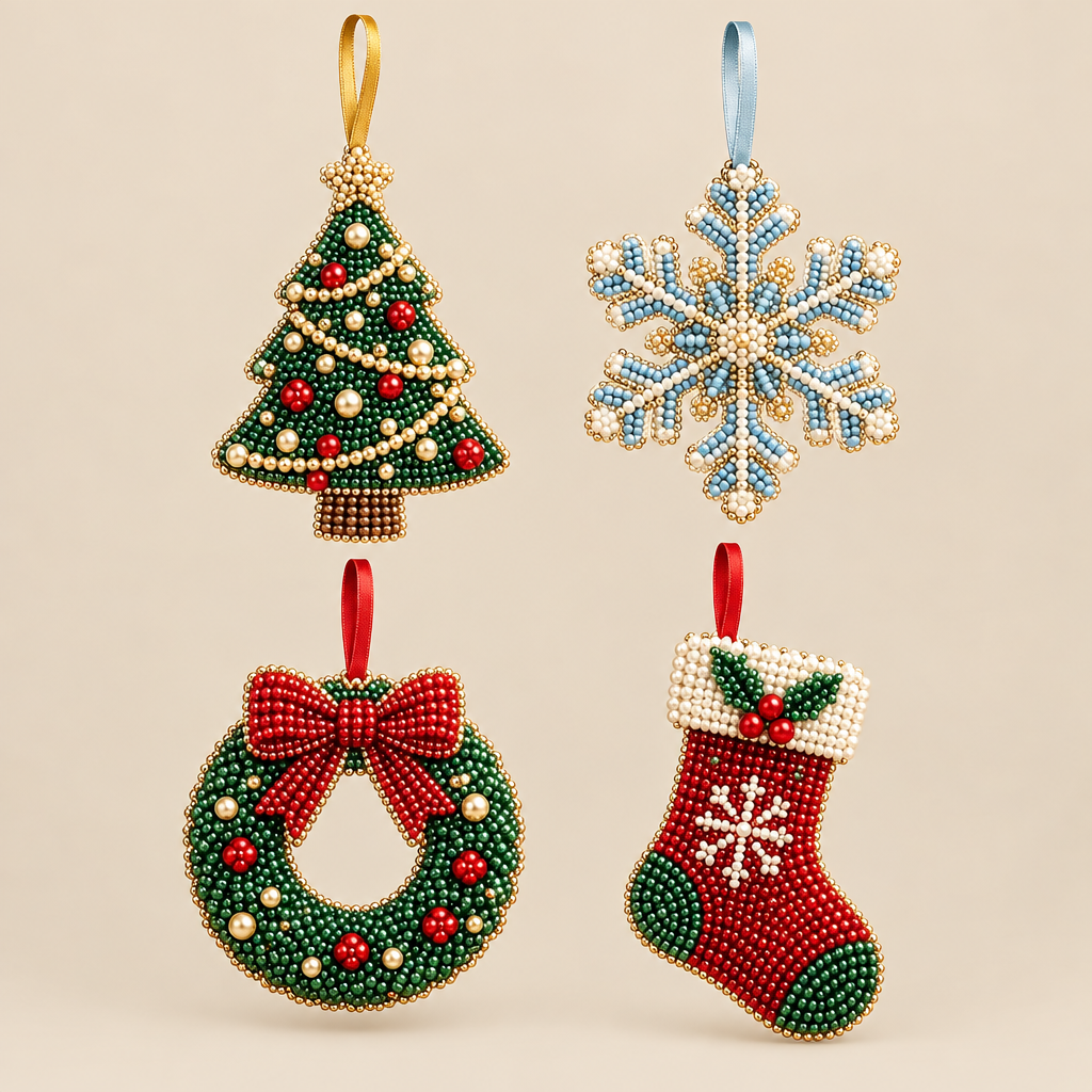 Four Christmas bead ornaments arranged on a light beige background: a green tree with red and white beads and a gold hanging loop, a blue snowflake with gold details and a light blue ribbon, a green wreath with a red bow and red hanging ribbon, and a red stocking with green toe and cuff, white snowflake detail, and a cream trim with a red ribbon.