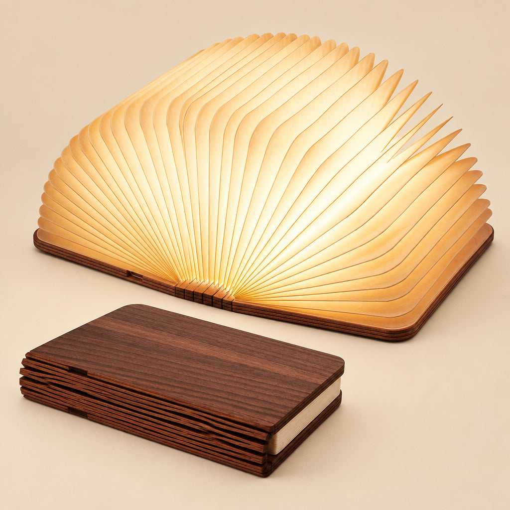 Wooden book-shaped lamp with glowing interior on a white background