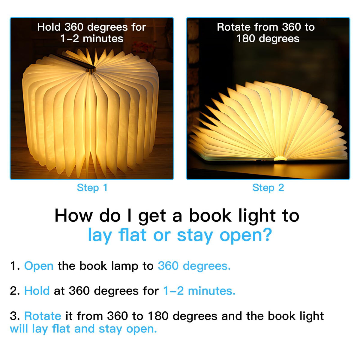 Instructions on how to make a book light lay flat using text and images of a glowing book-shaped light.