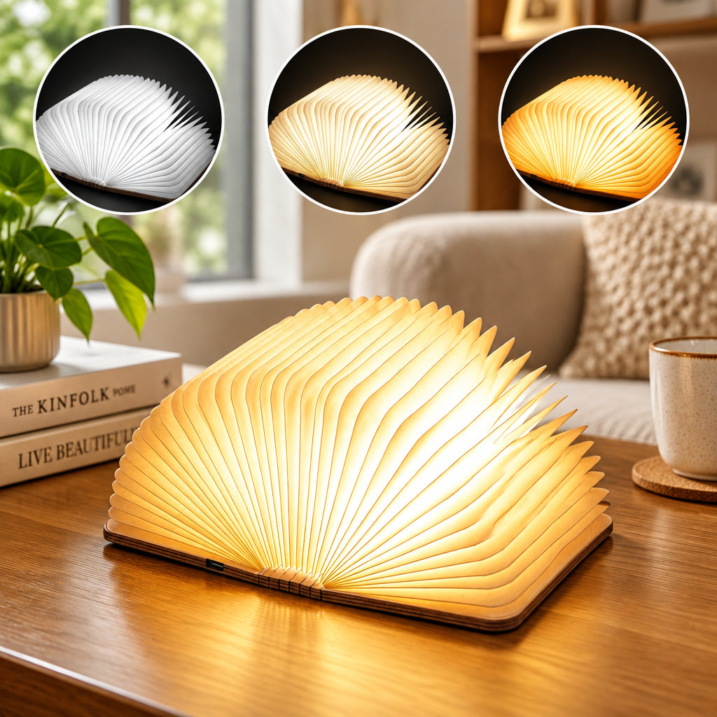 Wooden book-shaped lamp with three different light settings on a white background