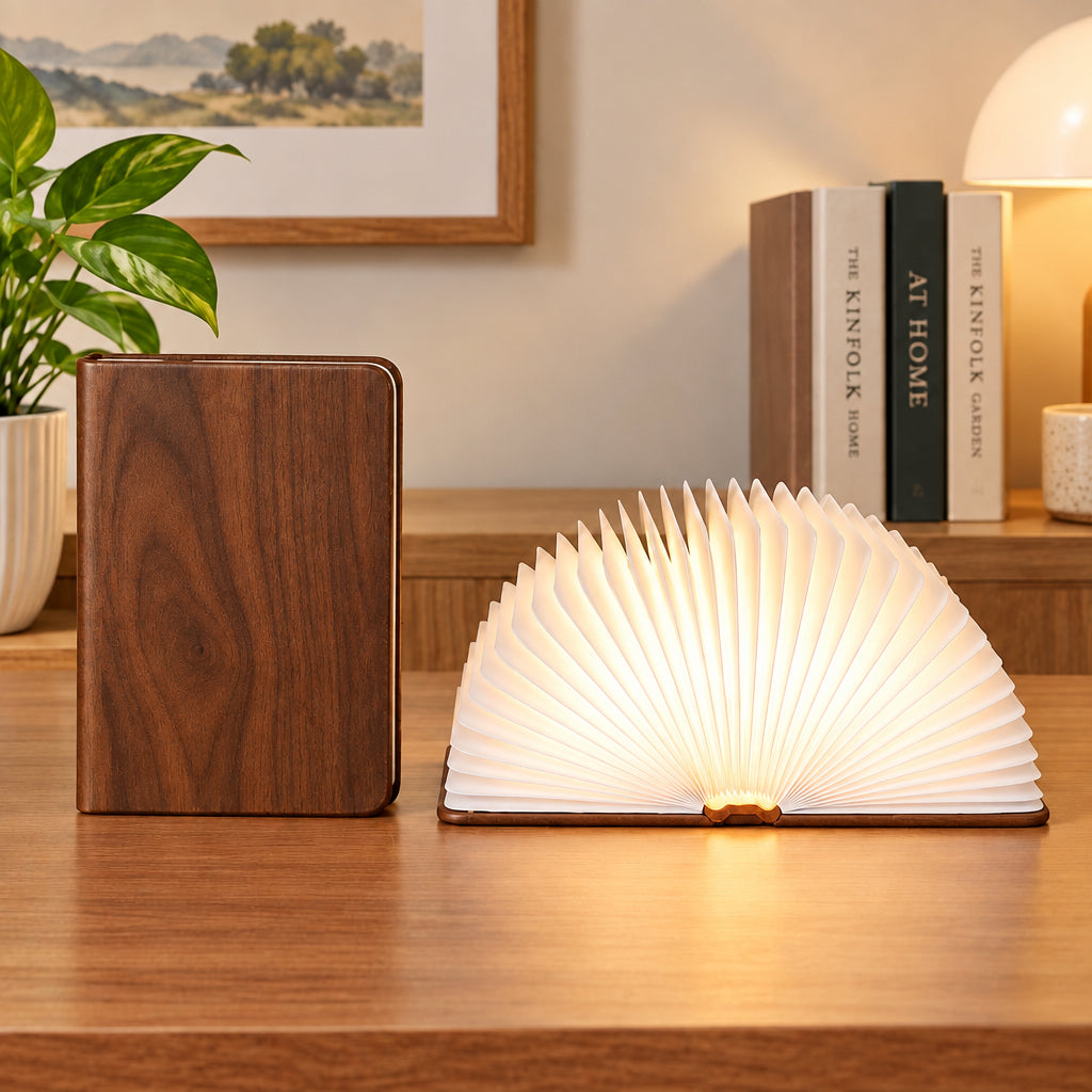Foldable book-shaped lamp with a notebook on a wooden surface