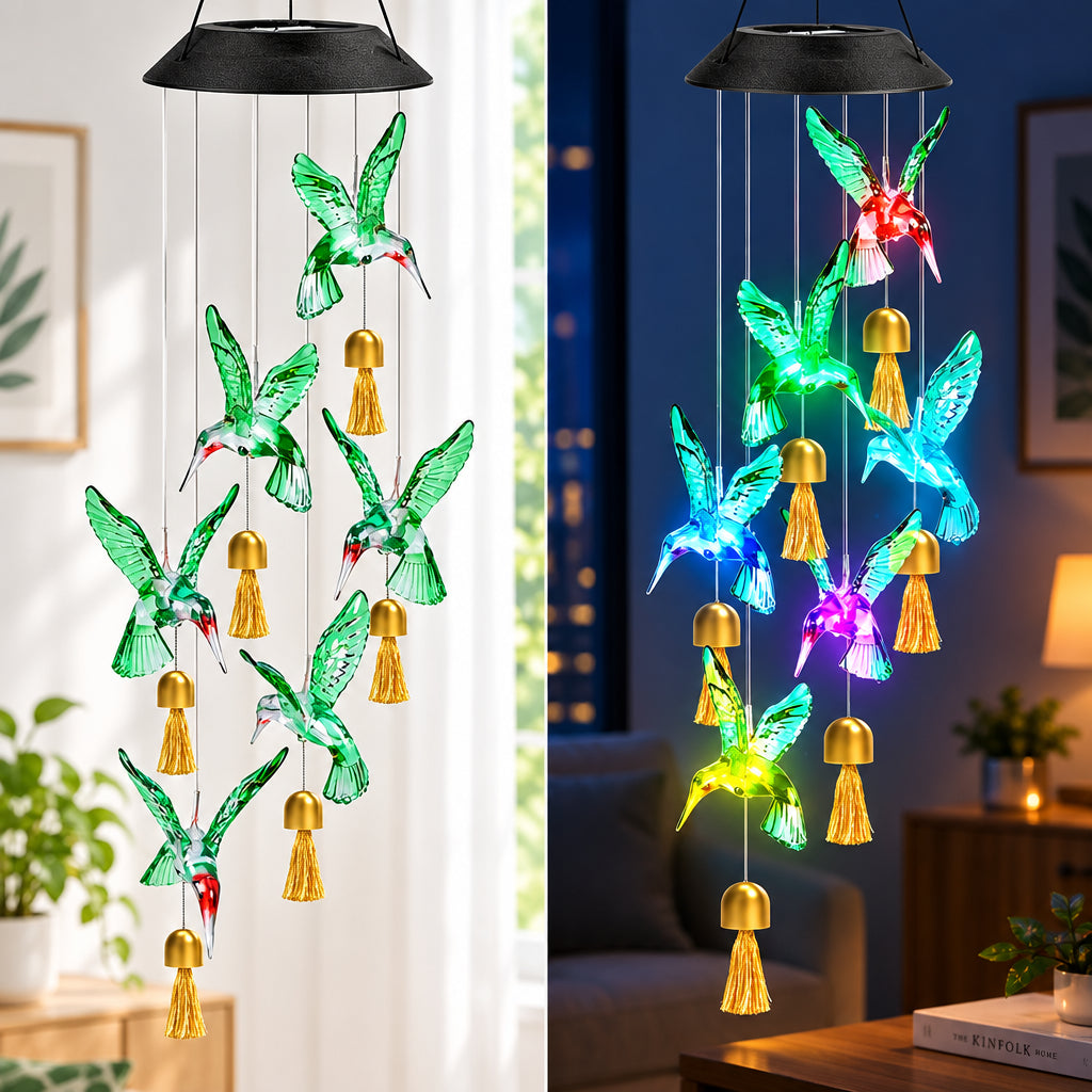 Solar-powered hummingbird wind chime with colorful lights on a white background.
