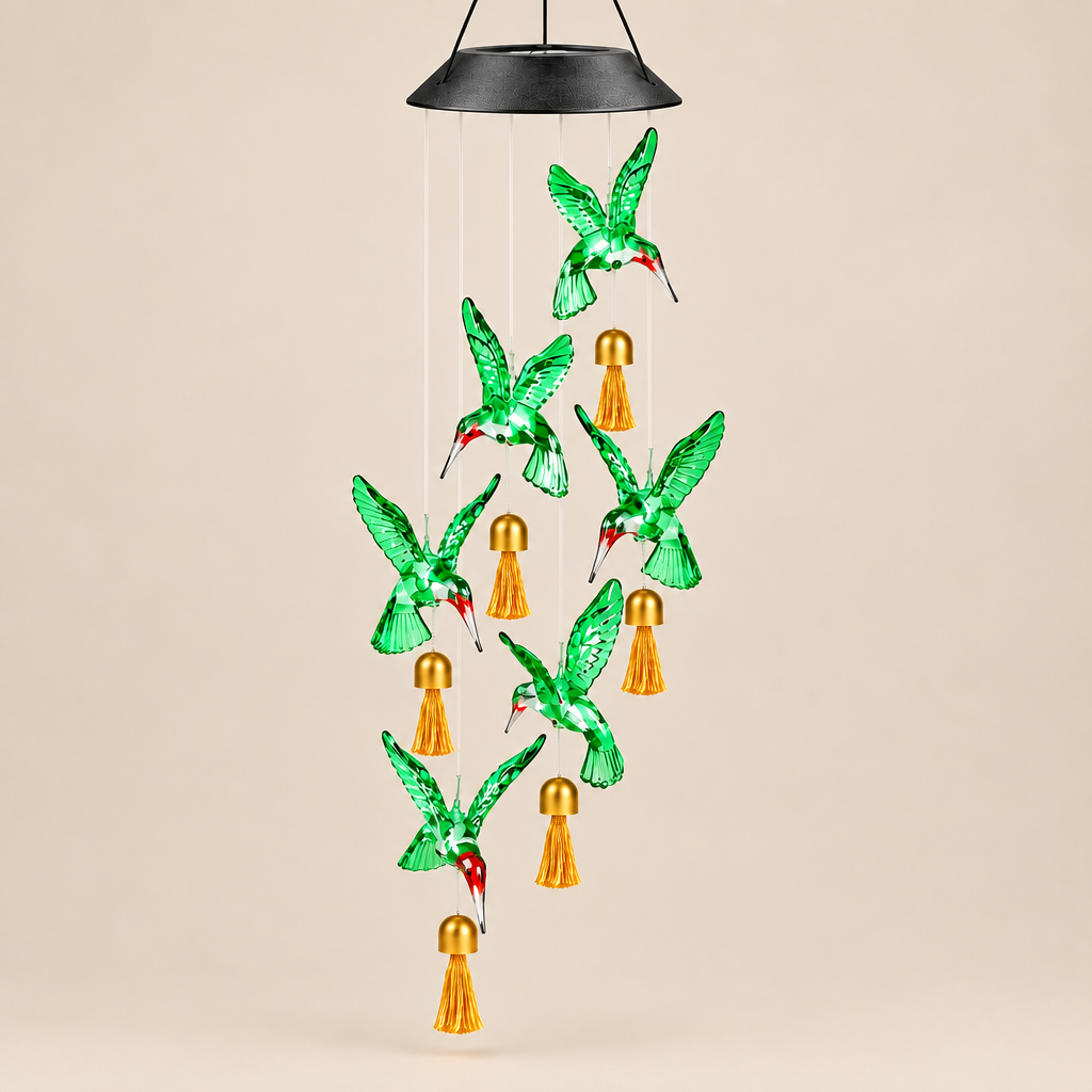 Wind Chimes | Solar Wind Chimes Hummingbirds Bells Changing Lights | Green