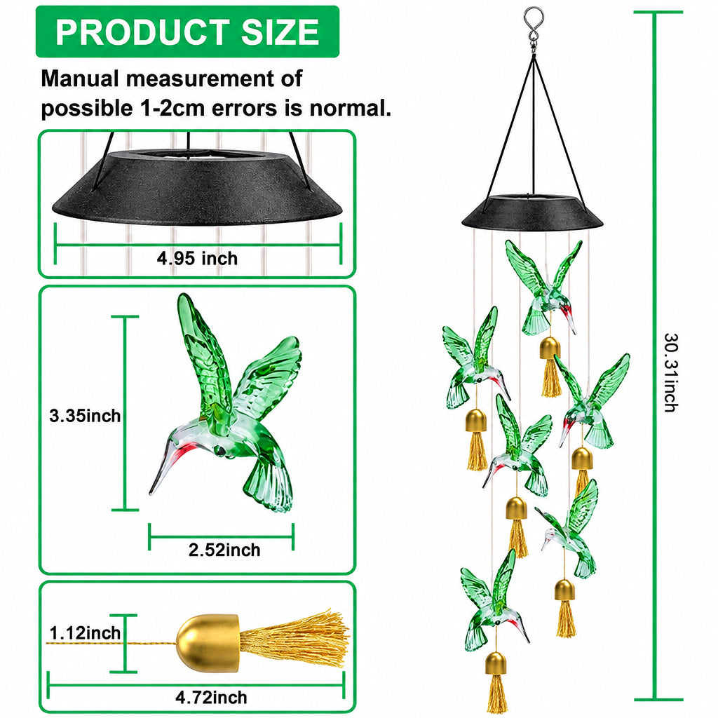 Measurement chart of a solar-powered hummingbird wind chime with green birds and gold accents.