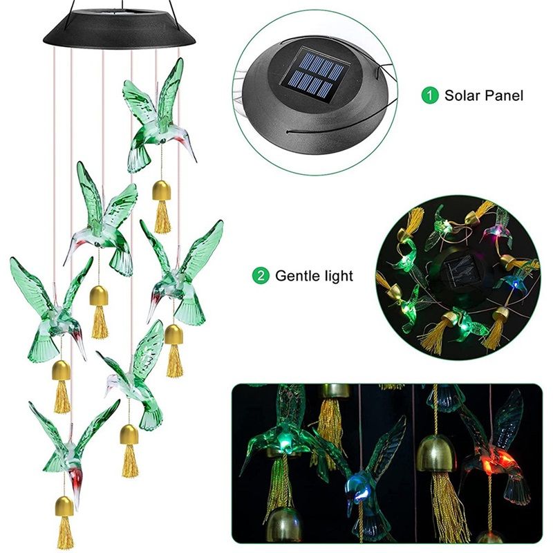 Wind Chimes | Solar Wind Chimes Hummingbirds Bells Changing Lights | Green