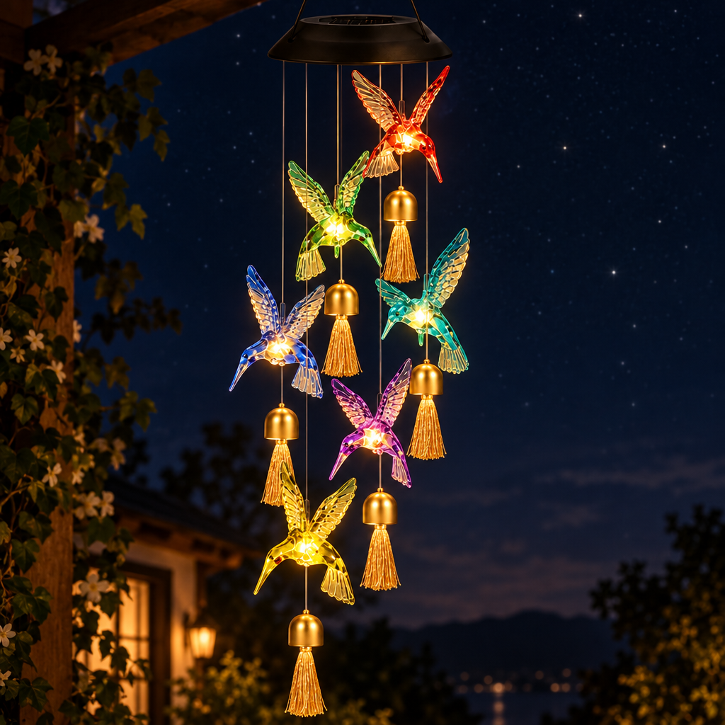 Wind Chimes | Solar Wind Chimes Hummingbirds Bells Changing Lights | Green