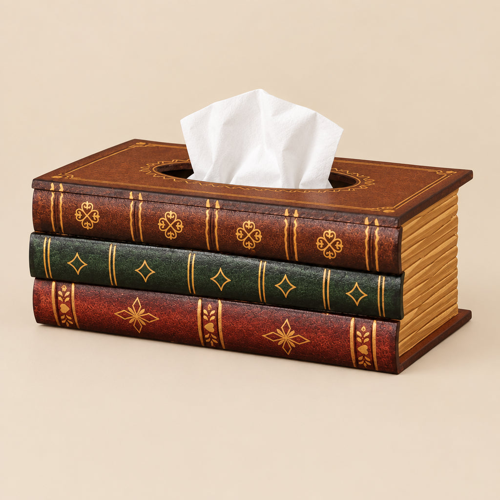 A tissue box cover designed to look like a stack of old leather-bound books, featuring a brown top lid with an oval cutout, and three spines in brown, dark green, and reddish-brown with gold decorative patterns, shown on a plain white background.