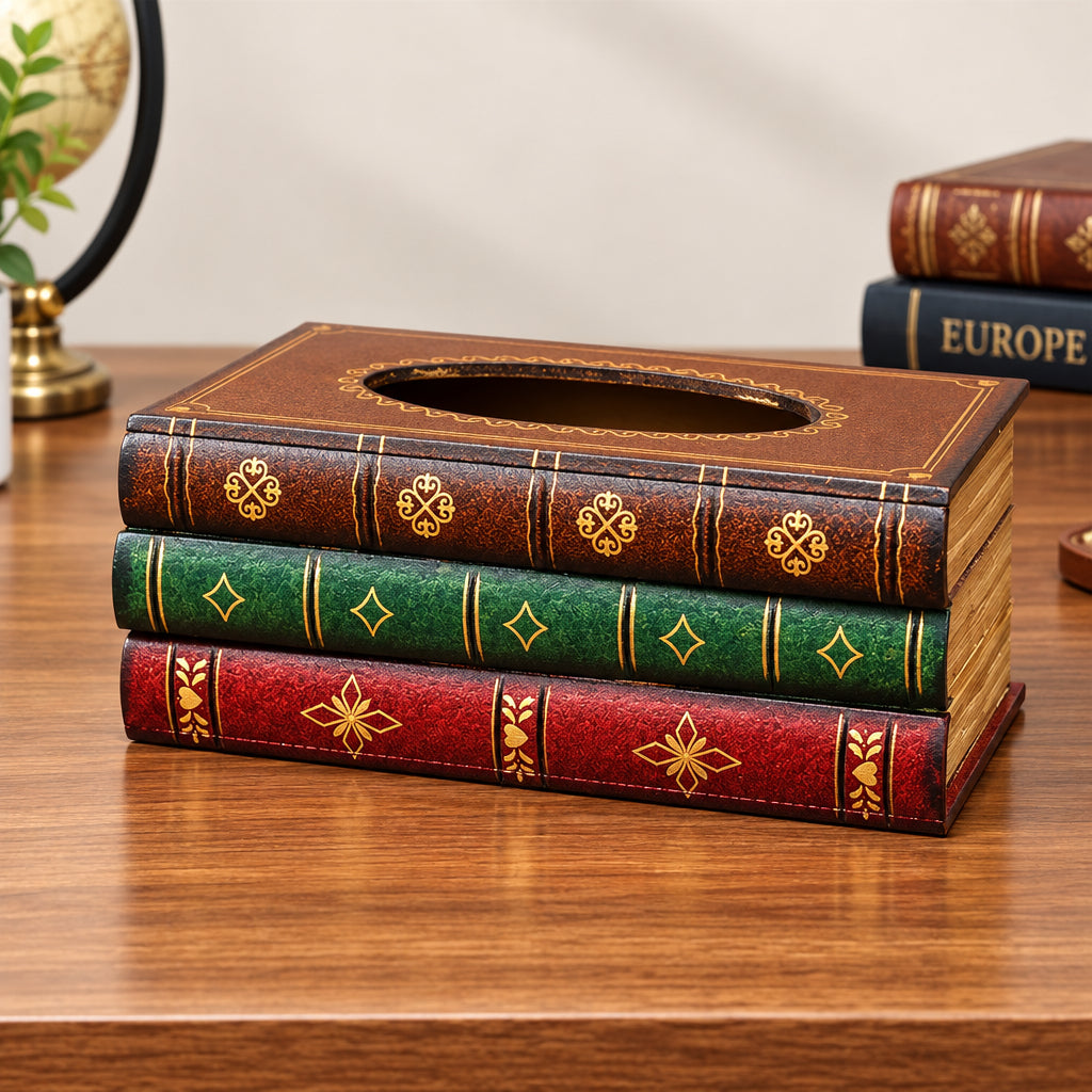 Tissue Box Cover | Wooden Antique Book Tissue Box Cover | Brown