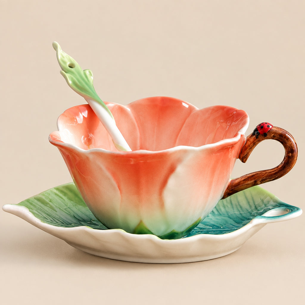 Mug | Ceramic Flower Coffee Mug Saucer and Spoon Set | Pink