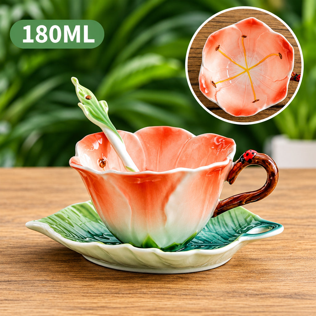 Mug | Ceramic Flower Coffee Mug Saucer and Spoon Set | Pink