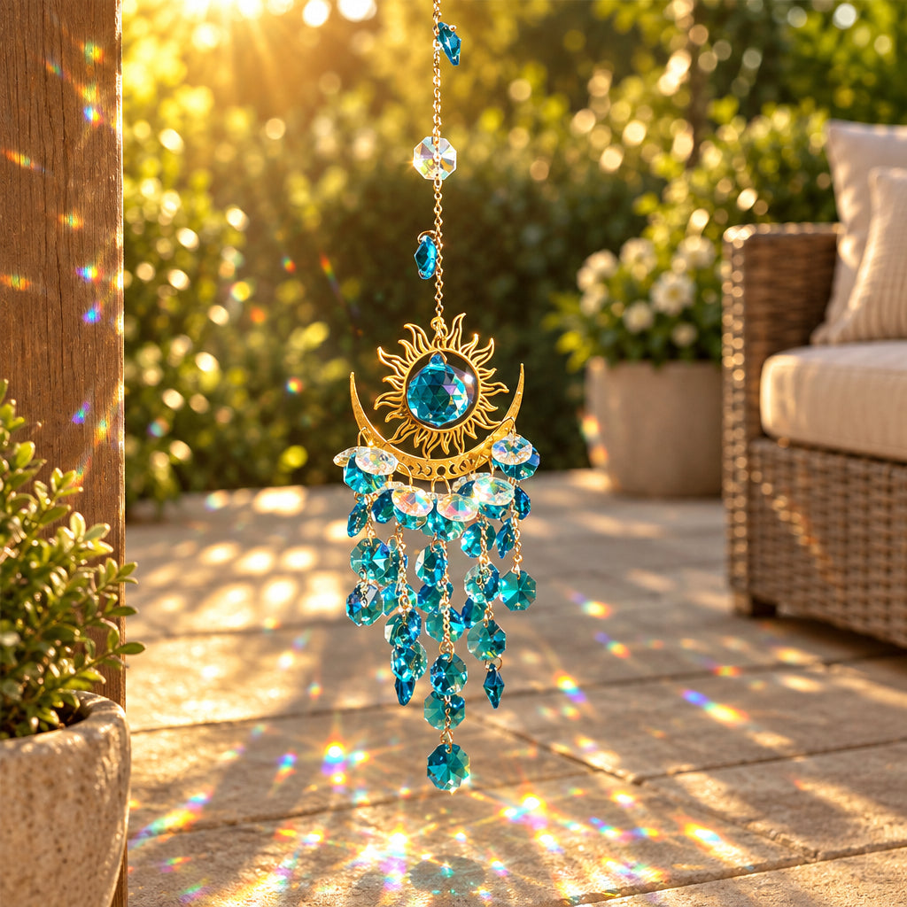A gold crescent moon and sun suncatcher ornament with blue and iridescent hanging crystals, shown suspended in bright sunlight against a window pane with leaf shadows and greenery visible.