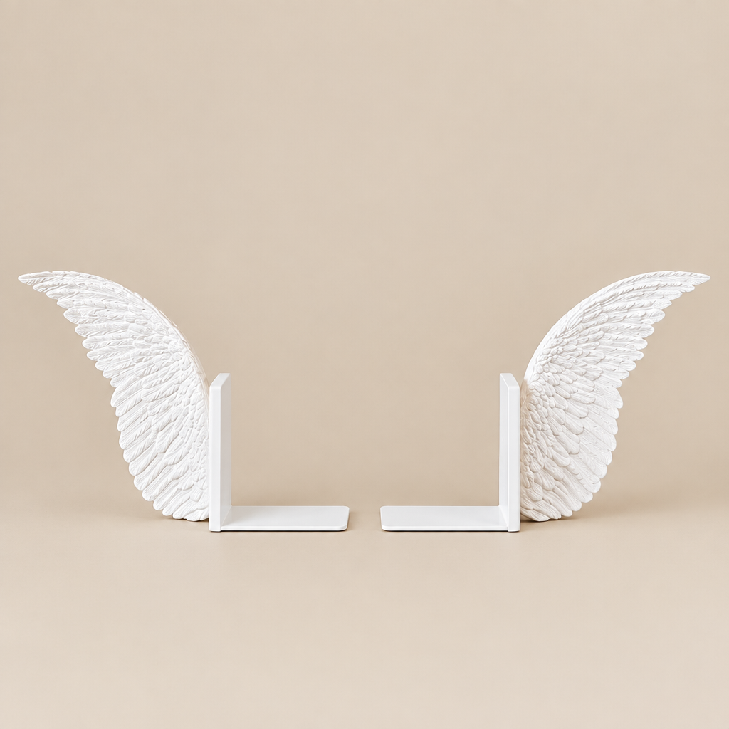 A pair of white wing-shaped bookends with detailed feather textures and flat rectangular bases, displayed on a warm beige background.