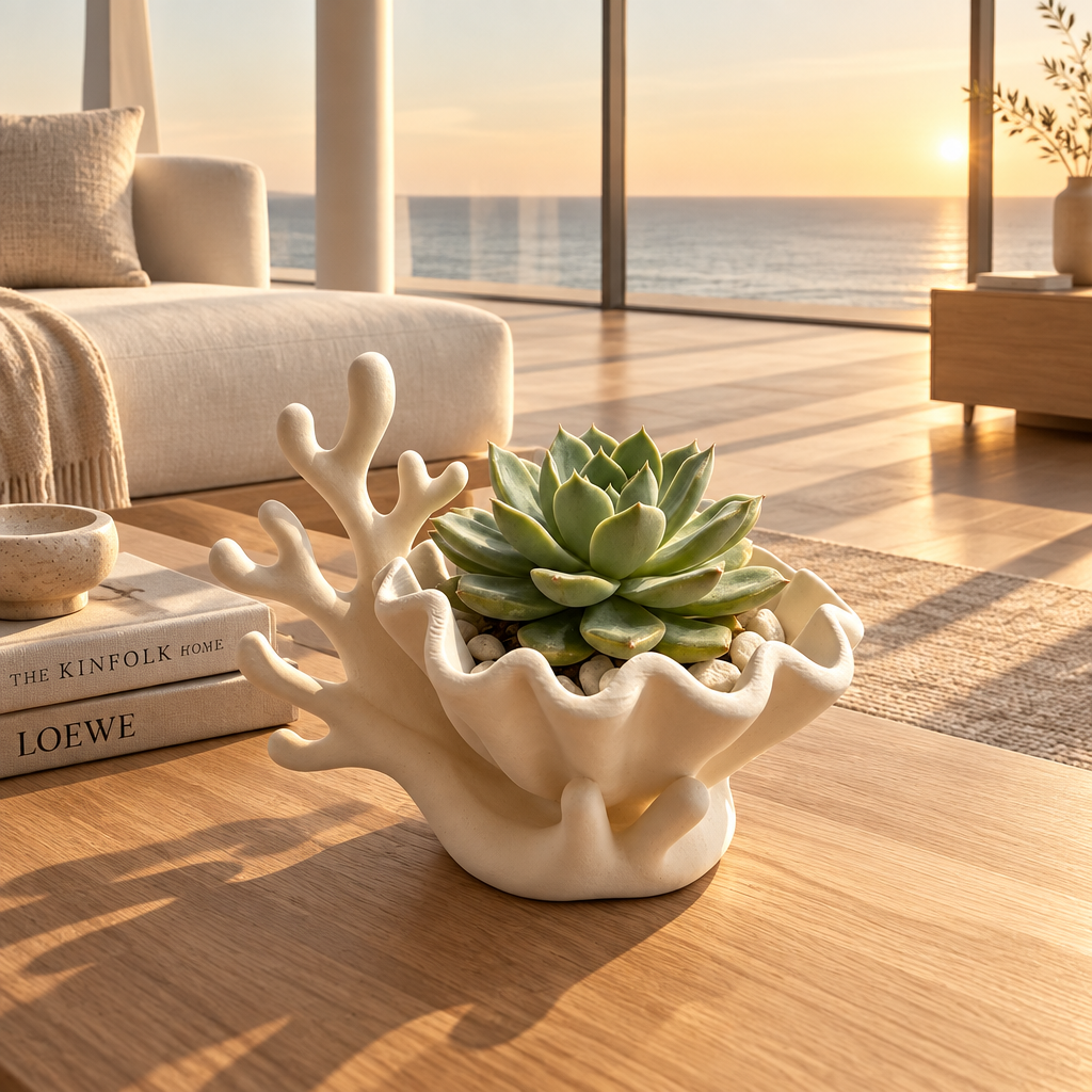 Planter | 3D-Printed Coral Shell Succulent Planter Pot | White