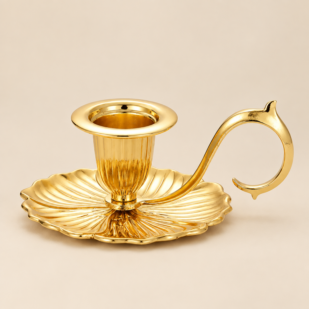Candle Holder | Vintage Metal Handheld Tray Candle Holder | Gold