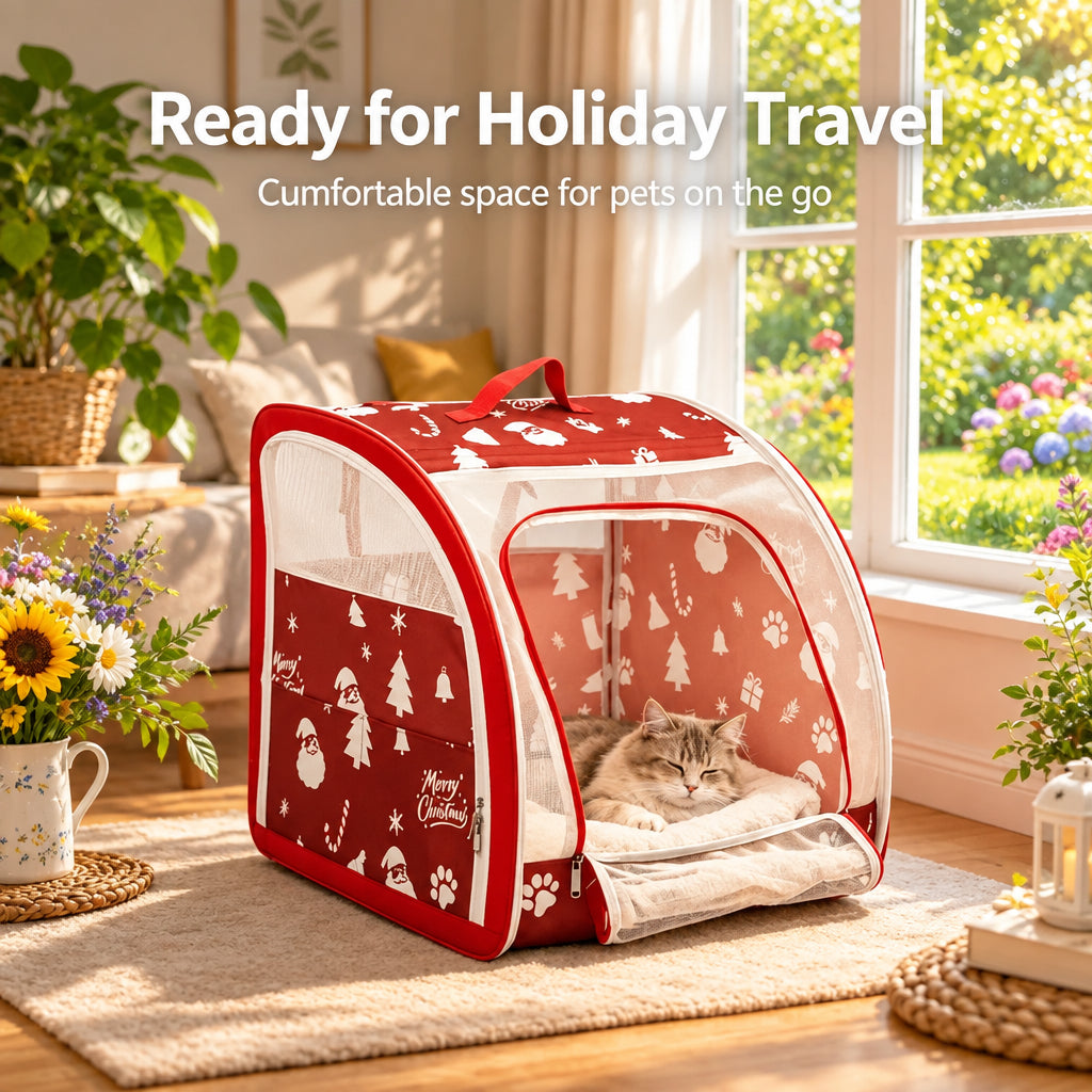 A red and white holiday-themed pet tent with a cat resting inside, set in a cozy living room decorated for Christmas with a lit tree, gifts, and a window in the background. Text overlay reads 'Ready for Holiday Travel' and 'Comfortable space for pets on the go'.