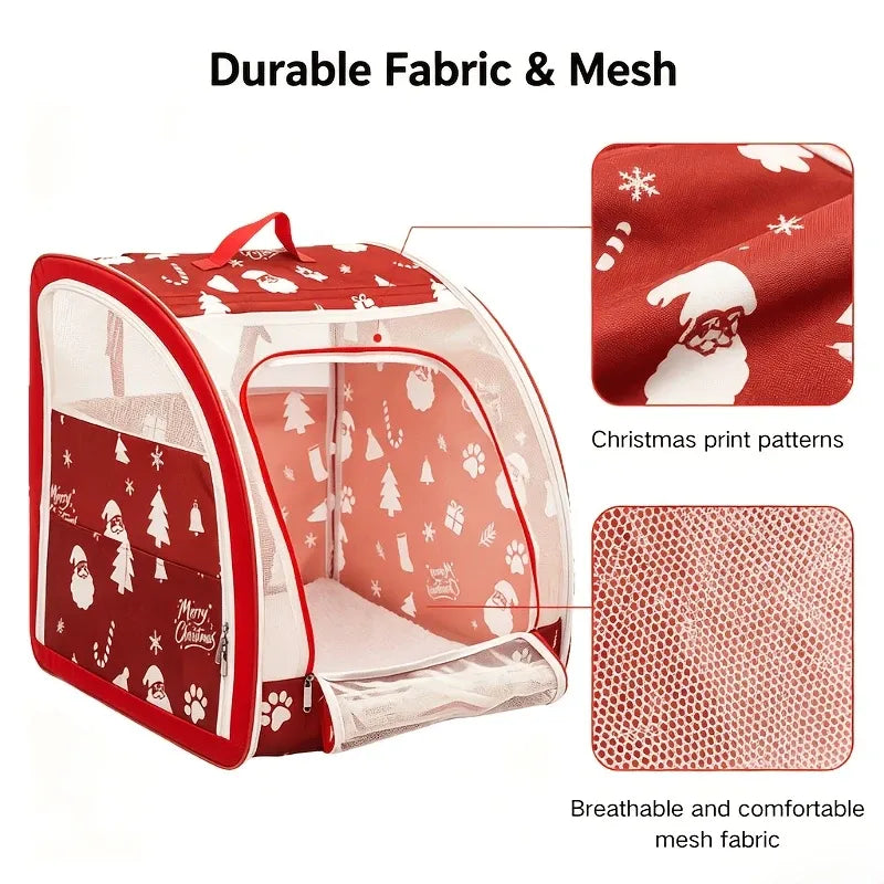 A red and white Christmas-themed fabric pet playpen with mesh windows, shown on a white background with text and inset detail images reading 'Durable Fabric & Mesh,' 'Christmas print patterns,' and 'Breathable and comfortable mesh fabric.'.