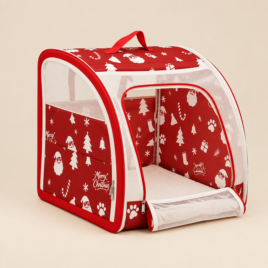A red and white Christmas-themed pet playpen with clear mesh windows, Santa Claus and holiday patterns, and a small plush cushion inside, photographed on a solid beige background.