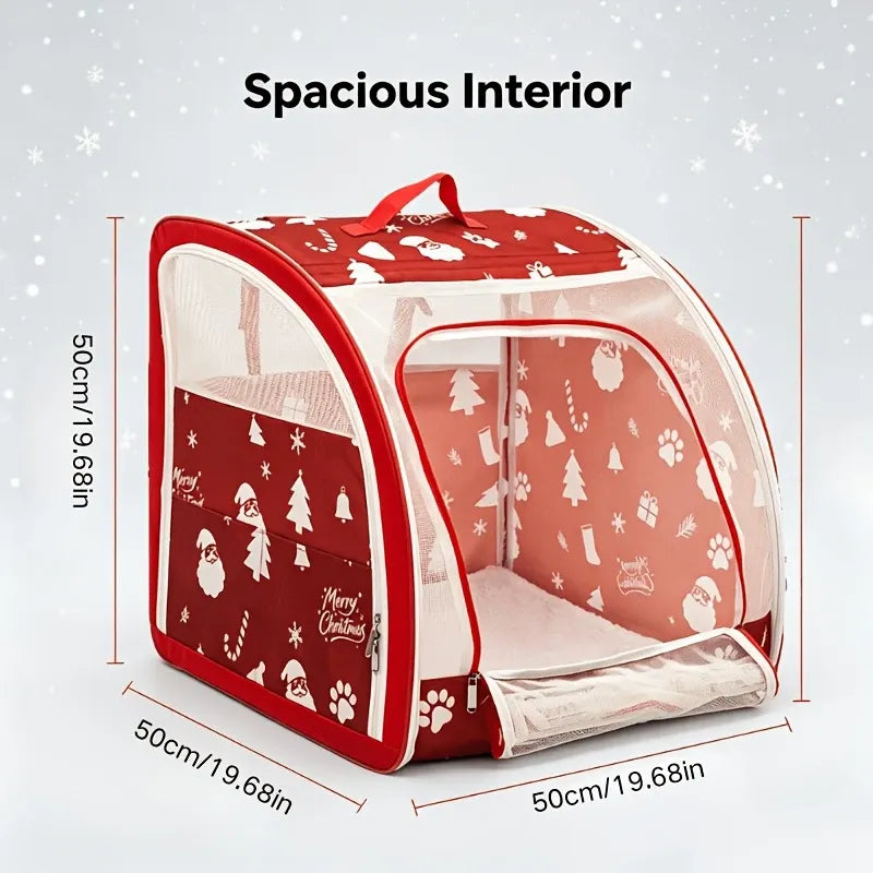 A red and white Christmas-themed pet playpen with dimension labels showing 50cm in height and width, and the text 'Spacious Interior' at the top on a light gray background with faint snowflakes.
