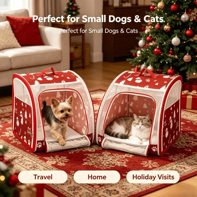 Two red and white holiday-themed portable pet cabins, one with a small dog and one with a cat, displayed on a patterned rug in a cozy living room decorated for Christmas.