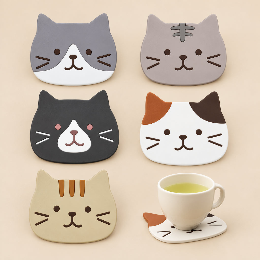 Set of cat-shaped coasters with a cup of tea on a white background