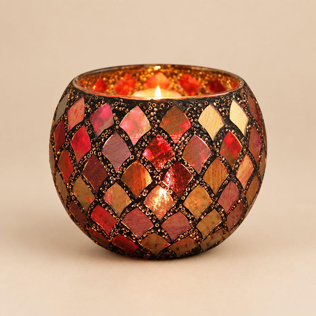 Candle Holder | Mosaic Glass Candle Holder Bowl | Red