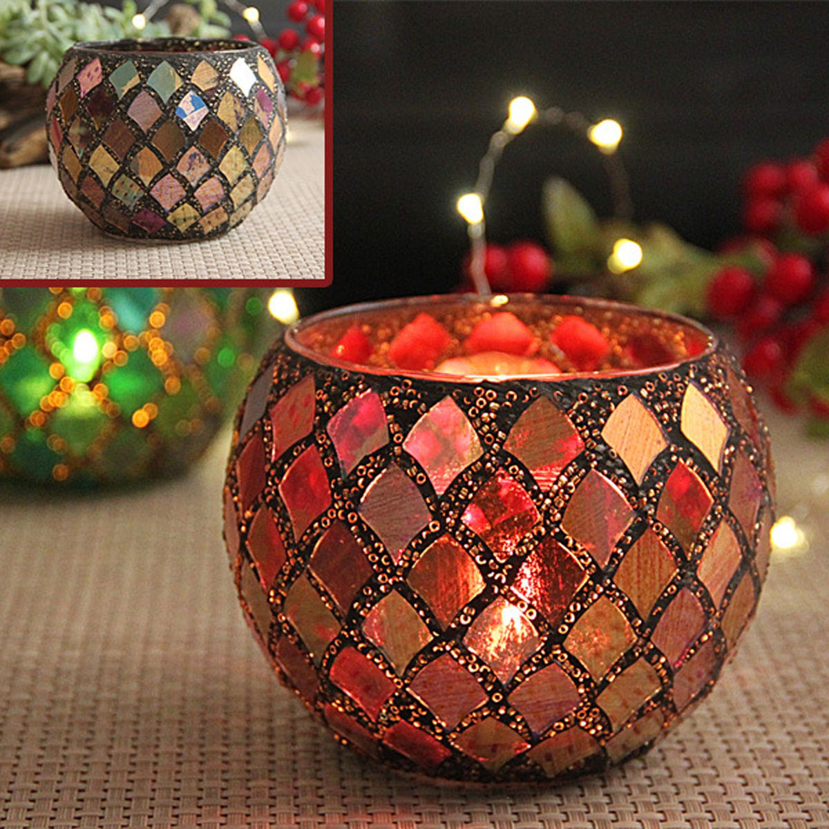 Candle Holder | Mosaic Glass Candle Holder Bowl | Red
