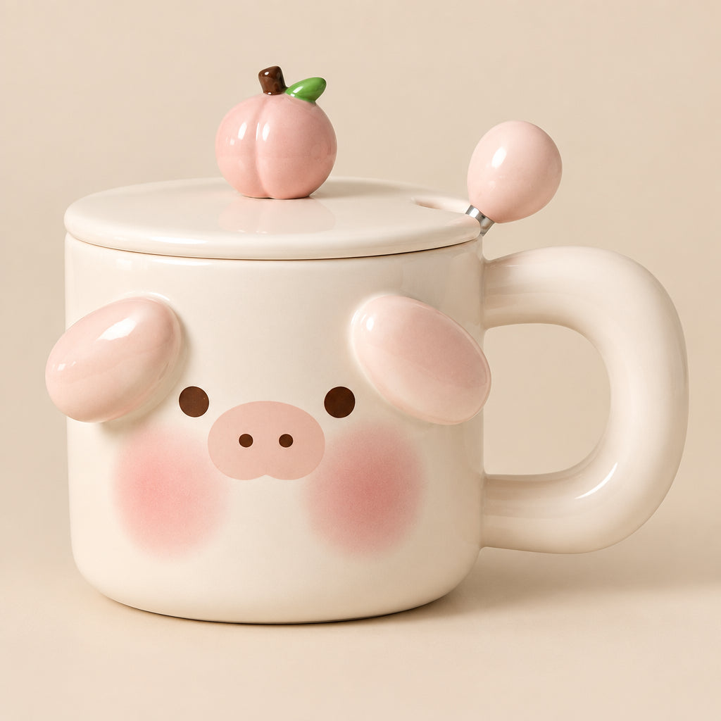 Mug | Cute Pig Coffee Mug with Spoon and Lid | Peach and White