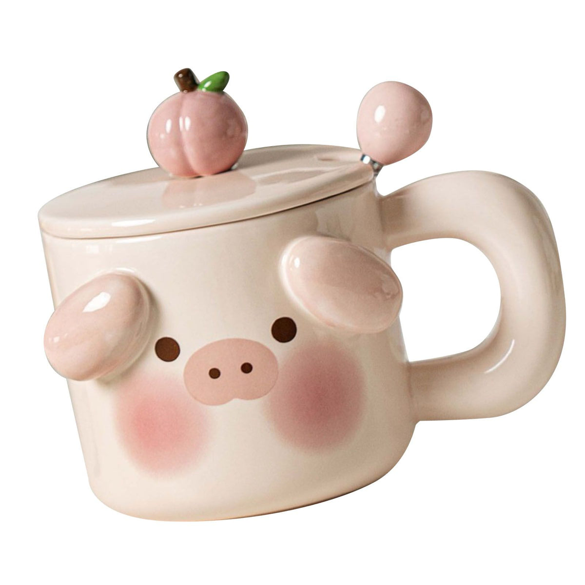 A cute pink ceramic mug shaped like a pig face, with a matching lid topped by a small peach decoration, shown on a plain white background.