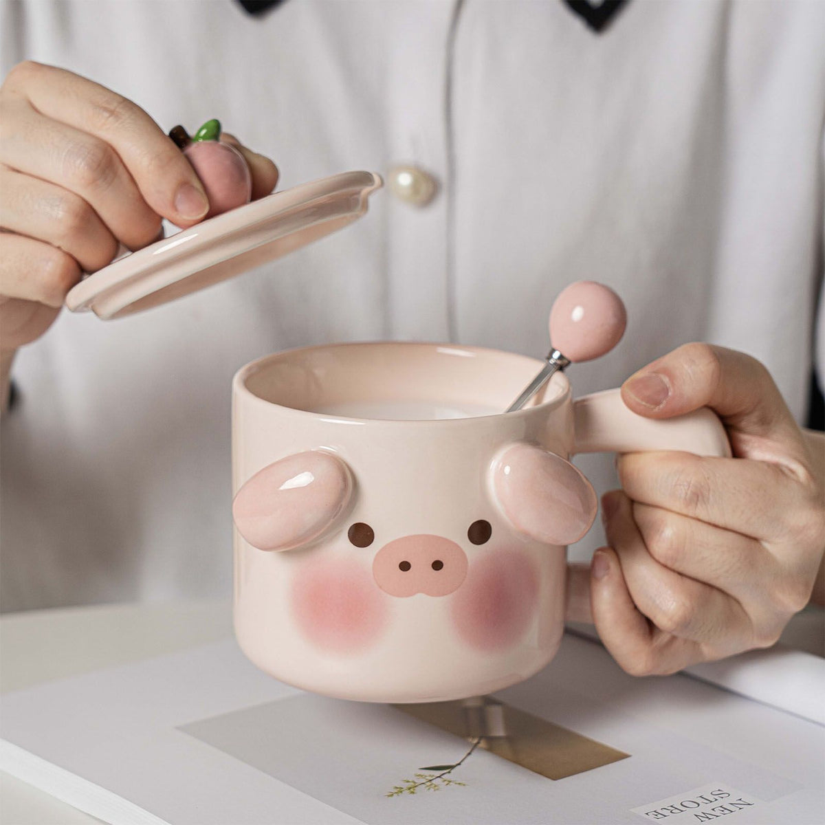 Mug | Cute Pig Coffee Mug with Spoon and Lid | Peach and White
