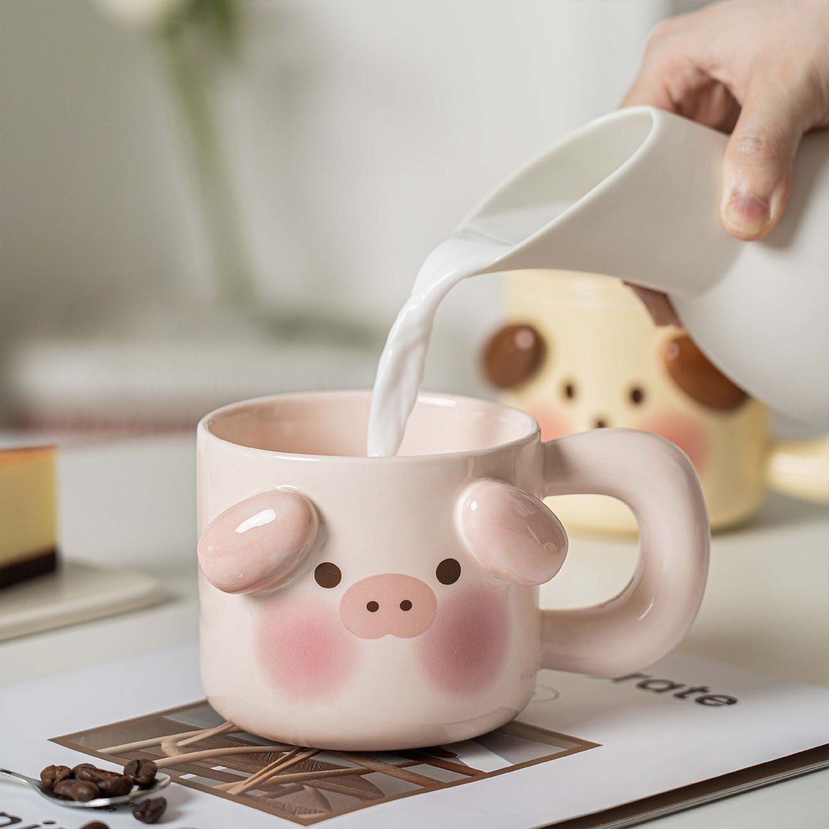 Mug | Cute Pig Coffee Mug with Spoon and Lid | Peach and White