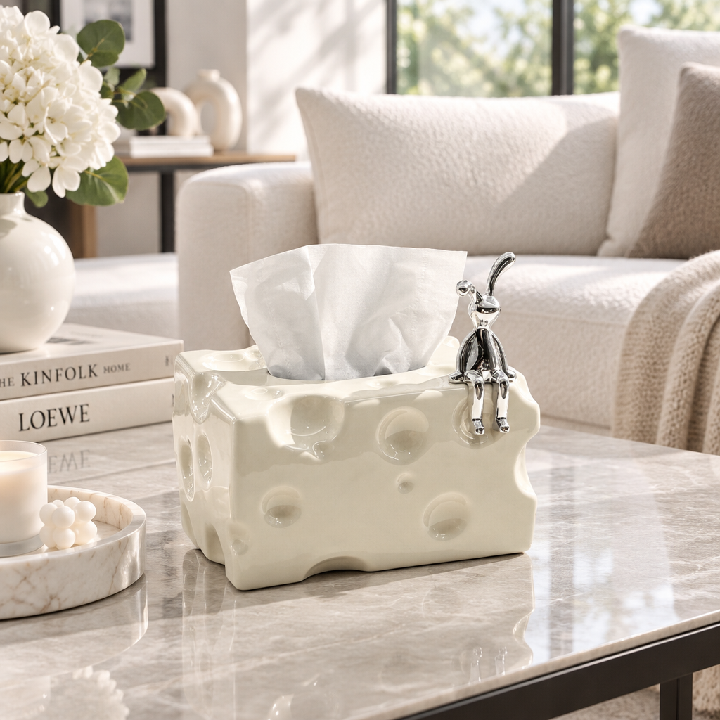 Tissue Box Cover | Ceramic Cheese Shape Tissue Box Cover | White