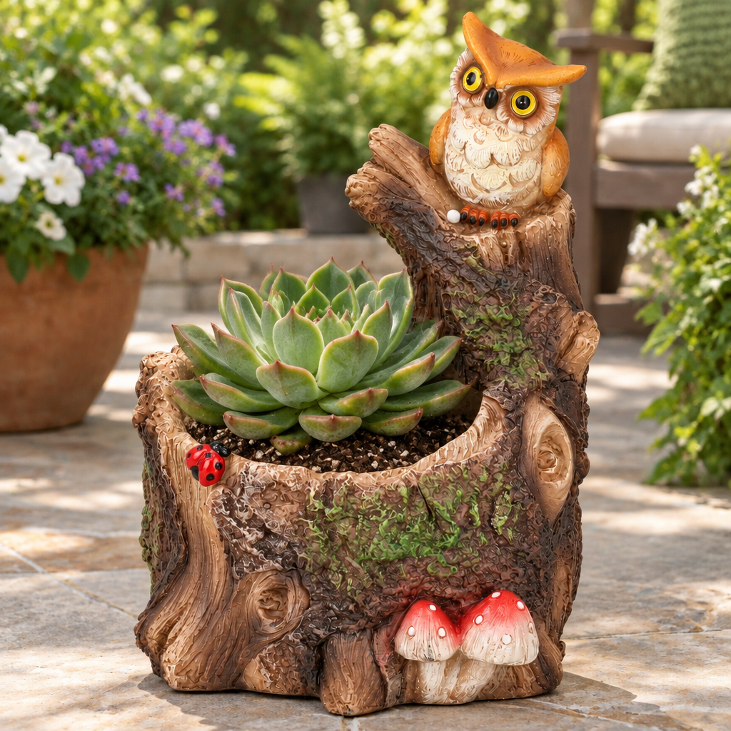 Planter | Owl on Tree Log Resin Planter Pot | Brown