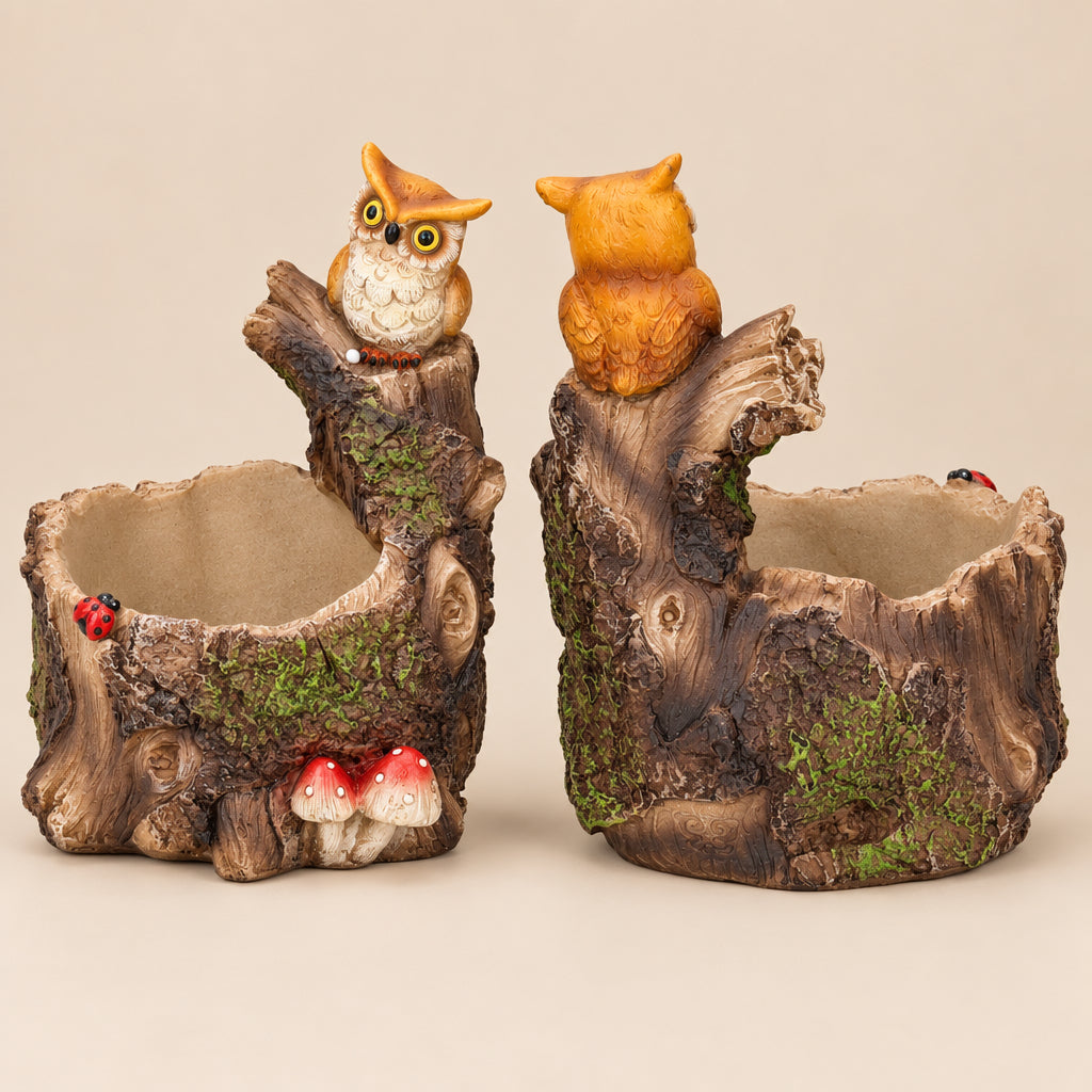 Two owl-themed tree stump planters shown side by side on a white background. One planter features an owl perched on the left side, and the other features an owl perched on the right side.