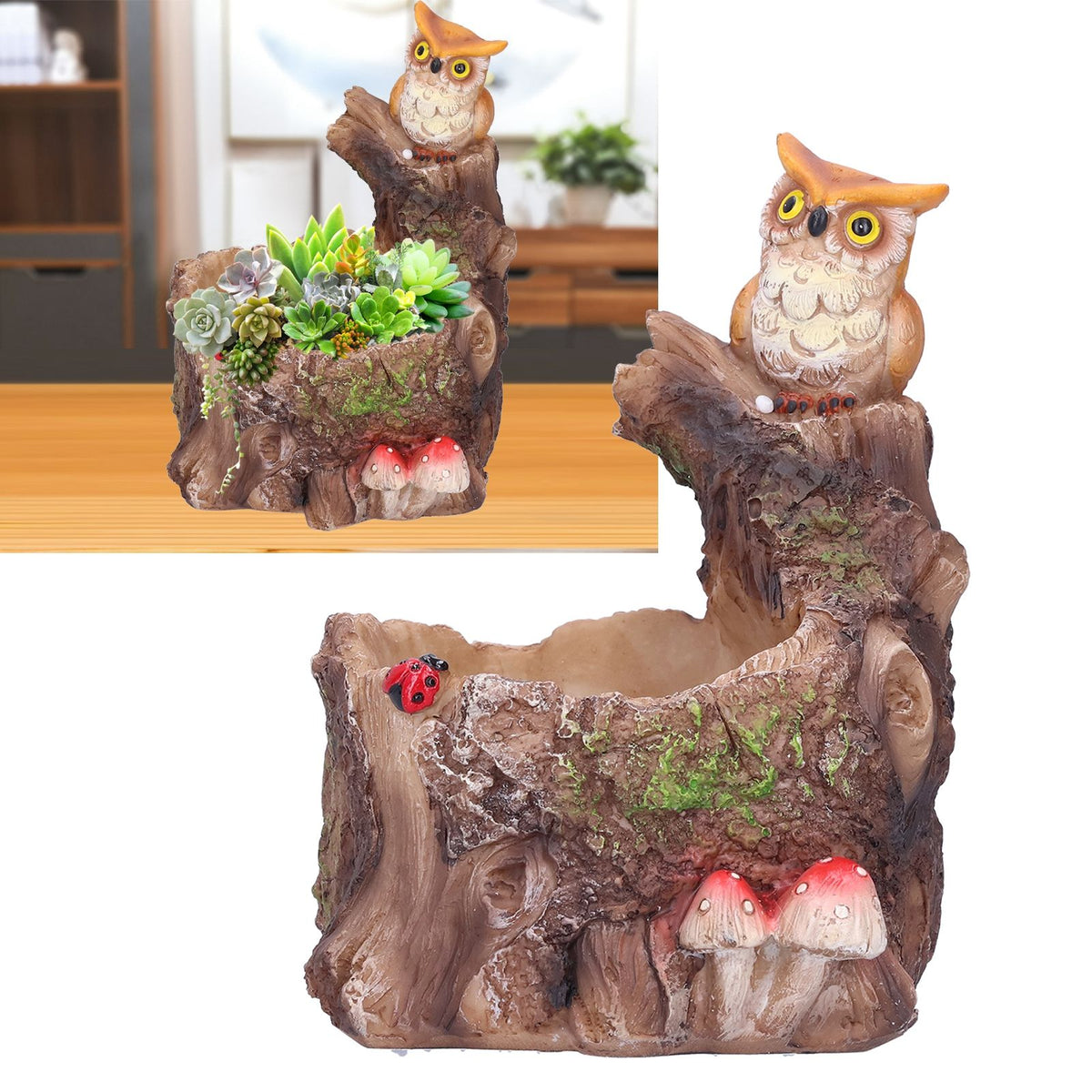 Planter | Owl on Tree Log Resin Planter Pot | Brown
