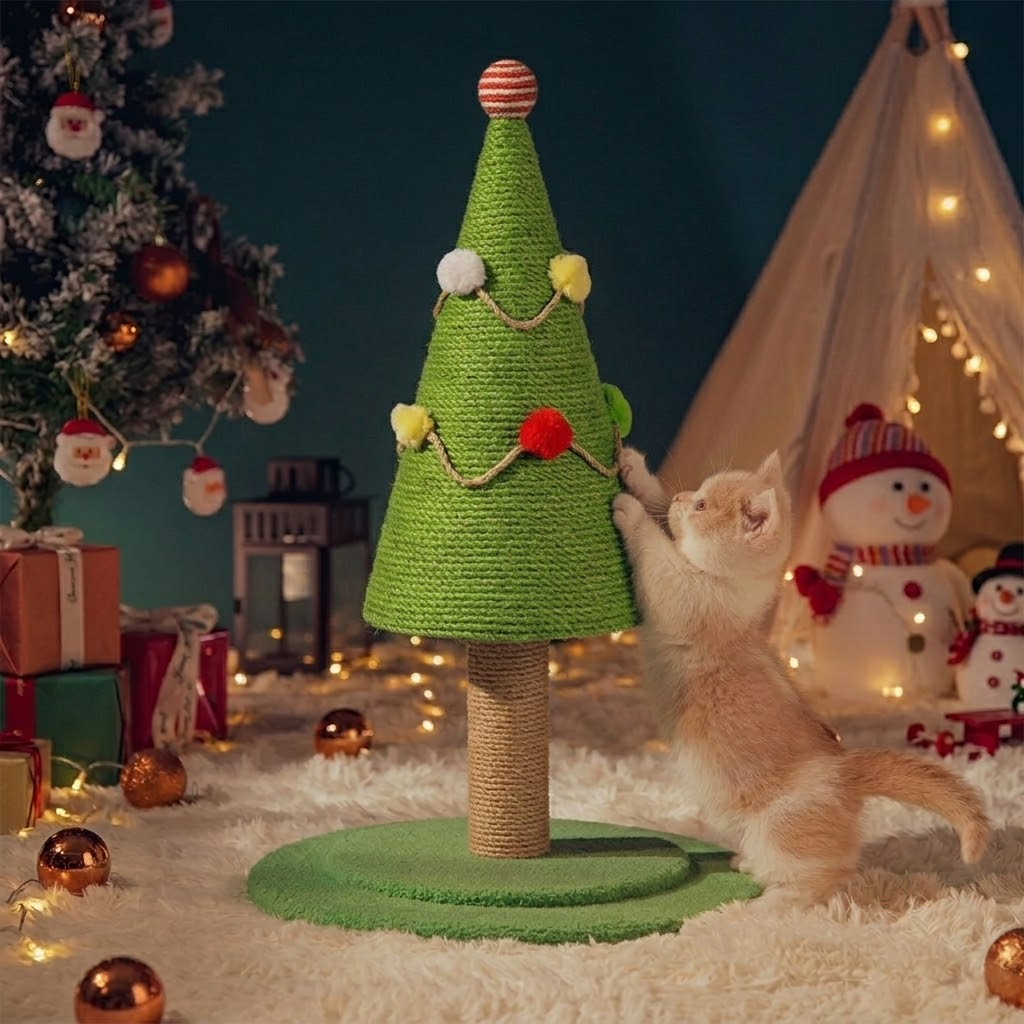 A small kitten stands on its hind legs and scratches a Christmas tree-shaped cat toy decorated with colorful pom-poms and garlands. The scene is set in a cozy, festive holiday environment with a decorated Christmas tree, gift boxes, a snowman toy, and warm string lights in the background.
